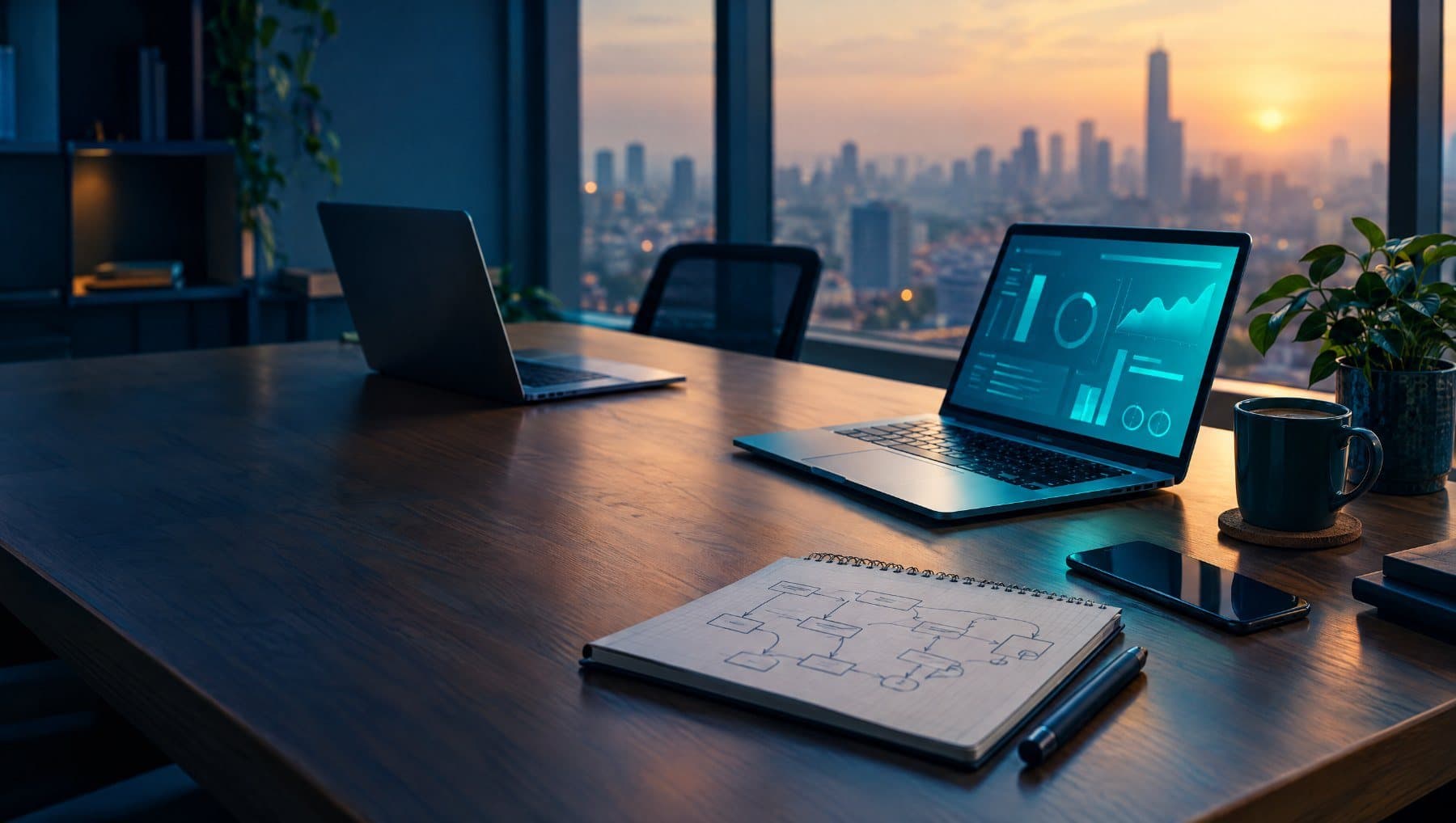 A modern Cairo workspace with laptops and a hand-drawn workflow diagram