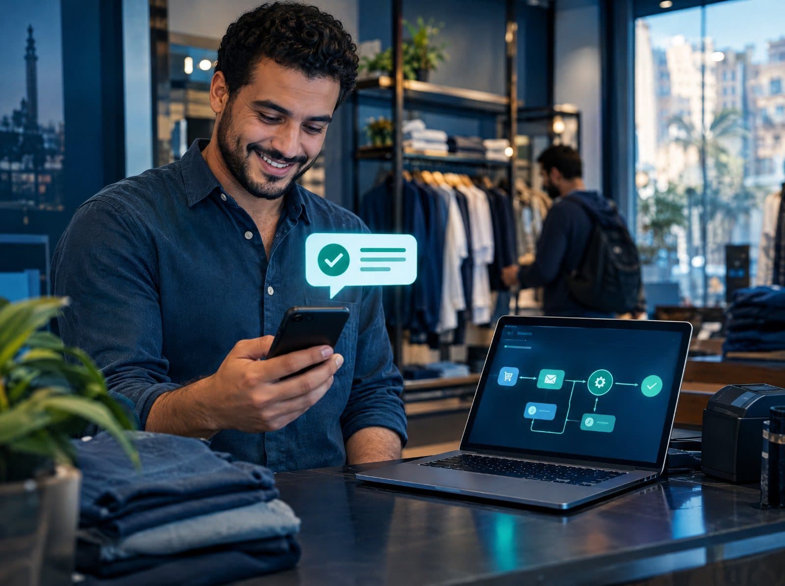 A shop owner smiling as an automatic order confirmation arrives on his phone