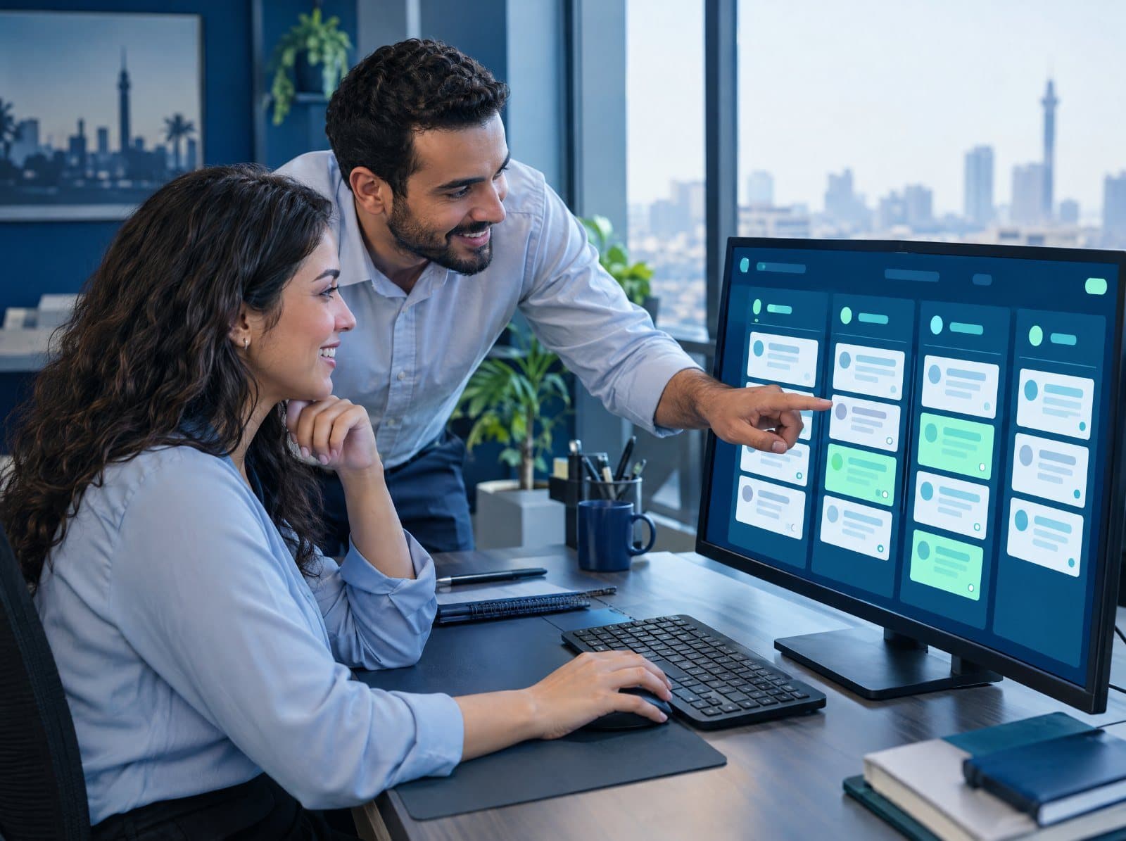 A sales coordinator organising leads in a CRM pipeline with a colleague