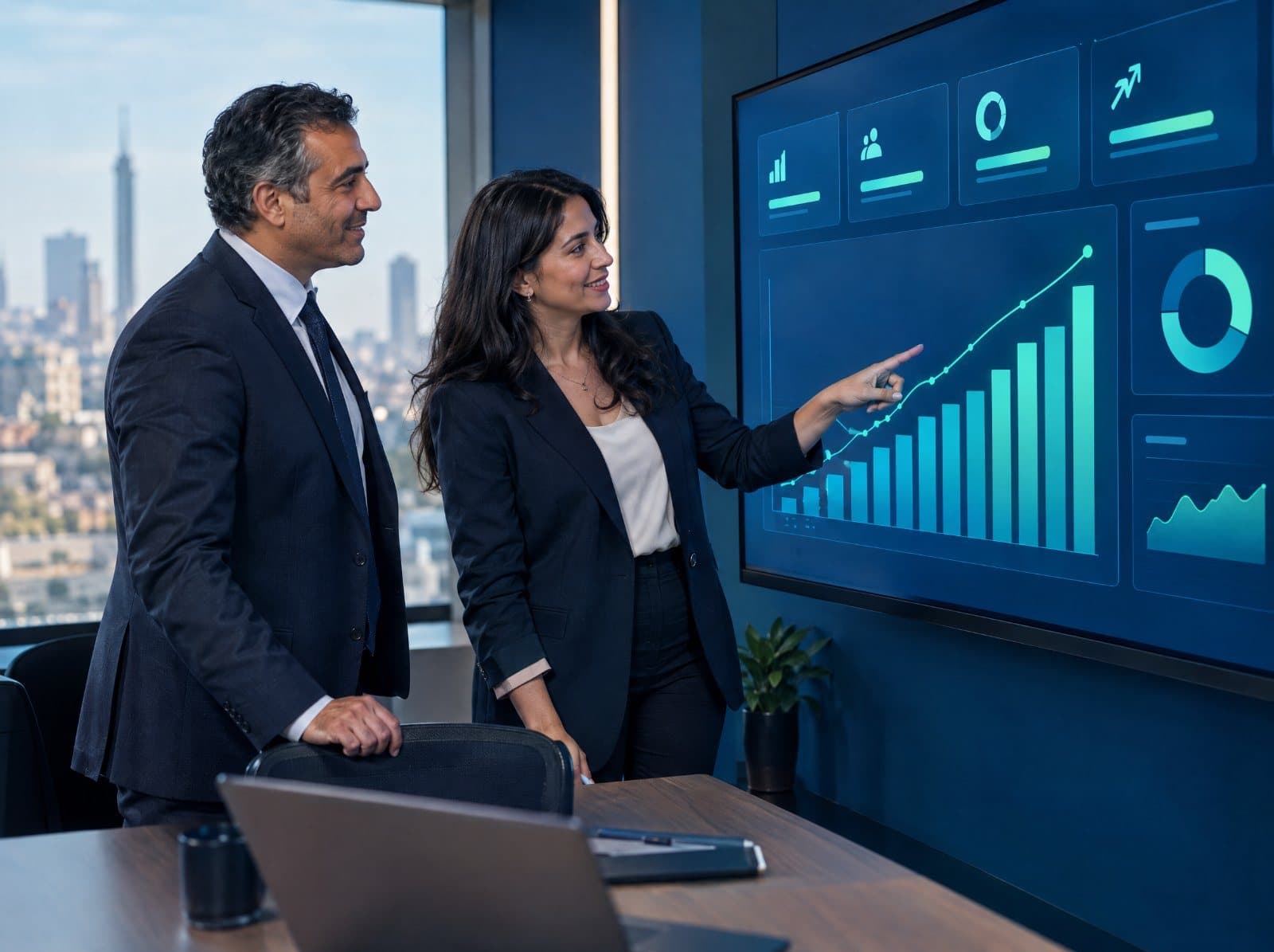 A business owner and his manager reviewing a growth dashboard on a wall screen