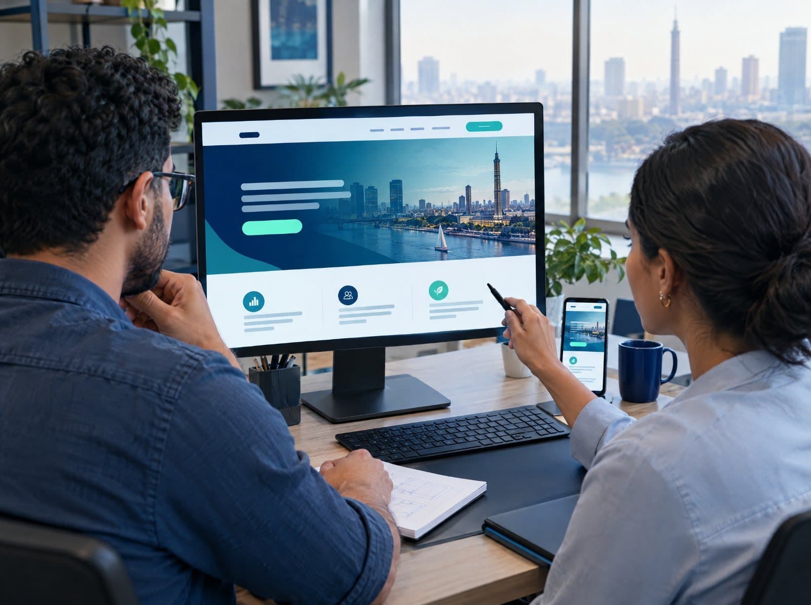 A designer and a business owner reviewing a new website on desktop and mobile