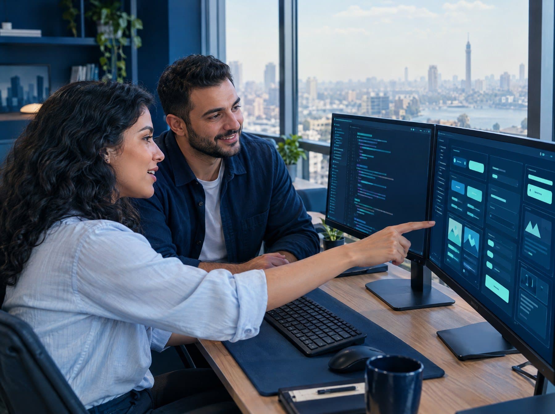 Two frontend engineers reviewing code and a library of UI components